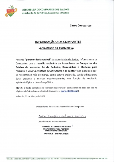 INFORMAÇÃO AOS COMPARTES - ADIAMENTO DE ASSEMBLEIA